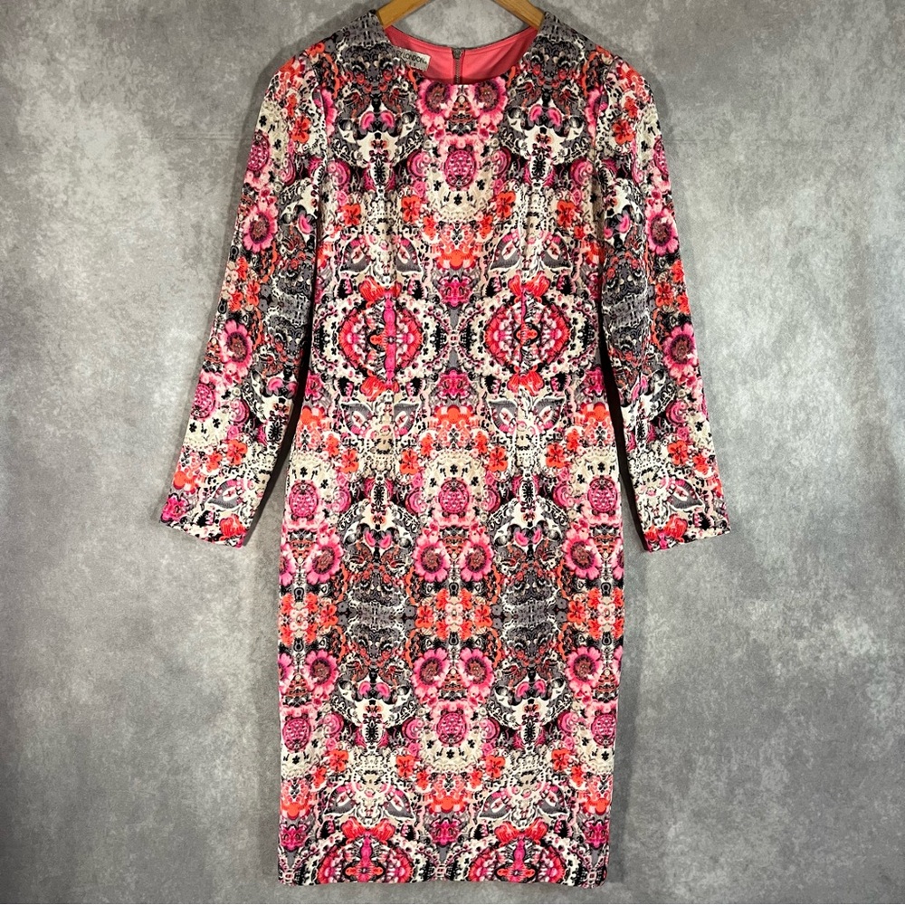 Maggy London Sheath Dress Womens 4P Pink Paisley Long Sleeve Exposed‎ Zip Sheath